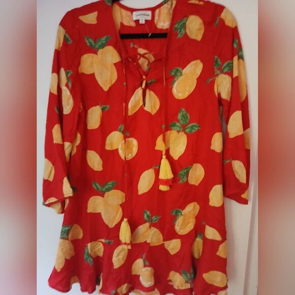 Mud Pie Red Lemon Vacation Spring Break Ruffle Flirty Mini Dress/Tunic/Coverup S - Picture 10 of 11